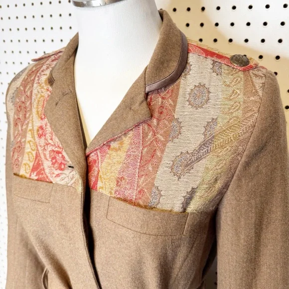Matthew WilliamsonCamel Color Wool Military Style Coat w/ Paisley Contrast